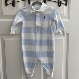 Baby blue & white Ralph Lauren long sleeve collared onesie, size 6 months